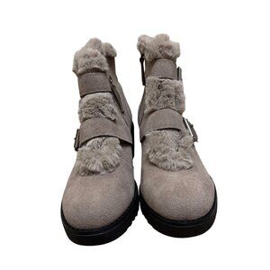 Violet & Red Women's Faux Fur Lined Suede Boots With Buckle Straps & Block Heel